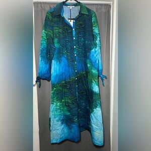 CELINA MOON Oceanic Hues Women's Button Down Shirt Dress Size Large